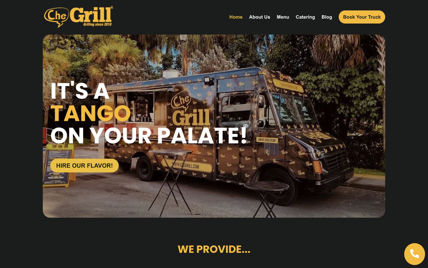 Captura del hero de CheGrill en escritorio y móvil — versión desktop